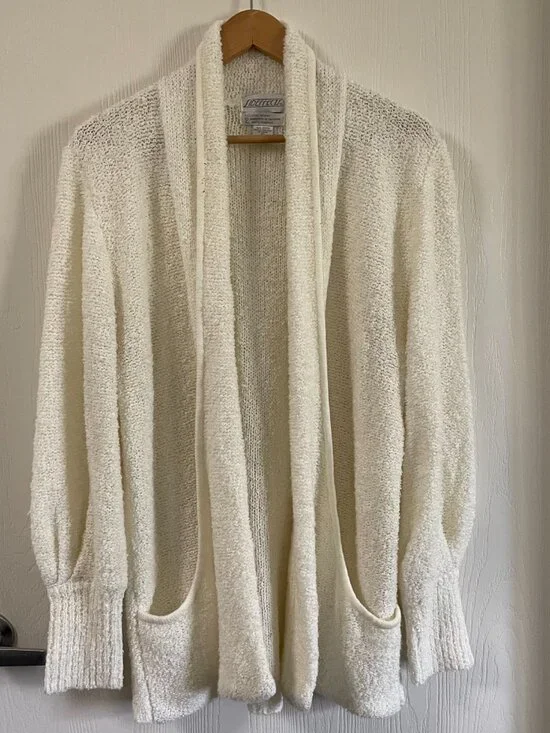 Vintage 80s White Chunky Knit Cardigan Slouchy Open Front Sweater | Size M-XL - Picture 3 of 11